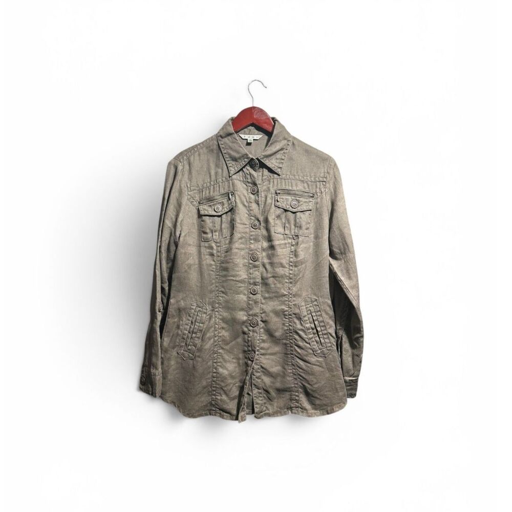 CAbi Linen Military Jacket Womens Medium Utility Industrial Khaki Brown Citywear